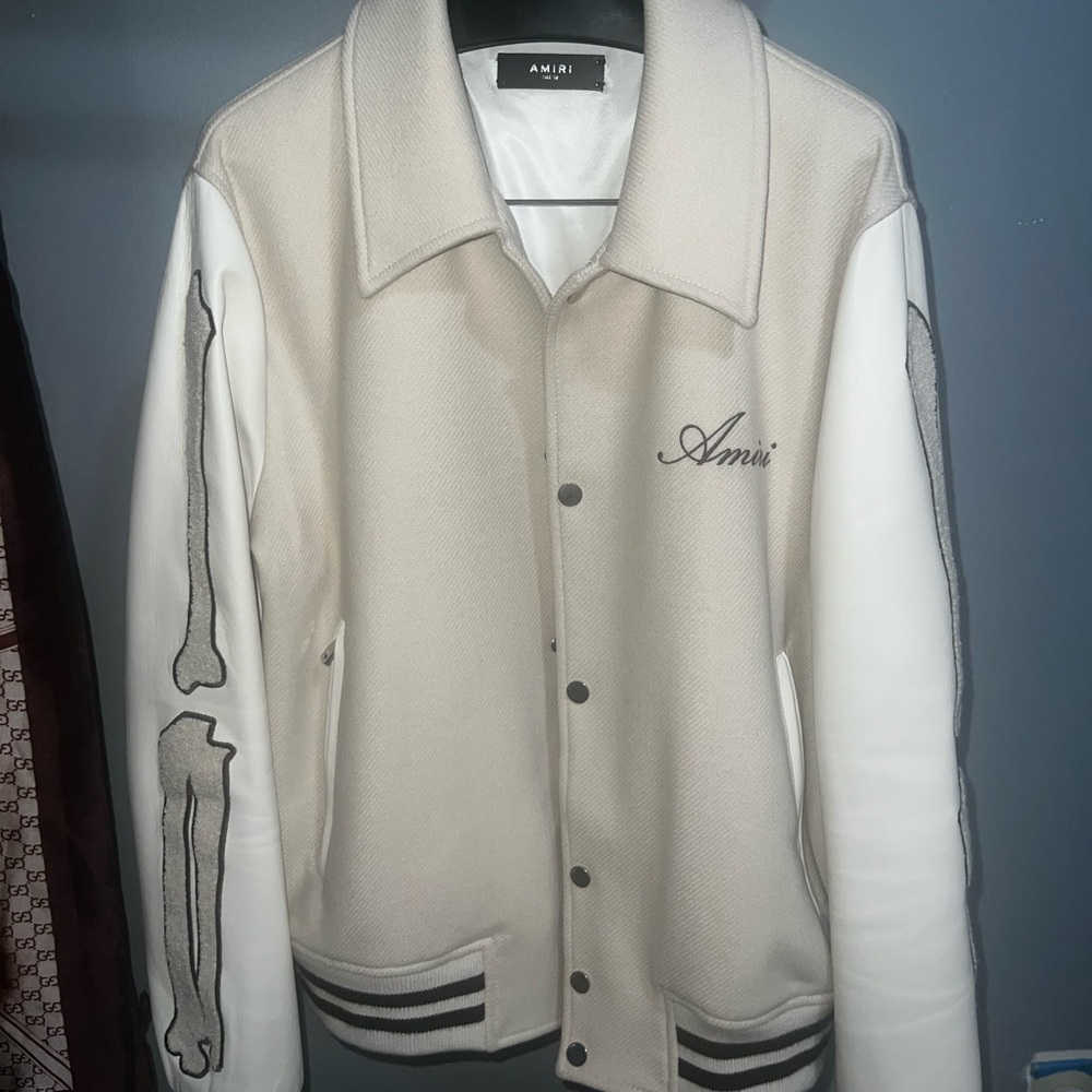 AMIRI Cream and White Varsity Bomber Jacket
